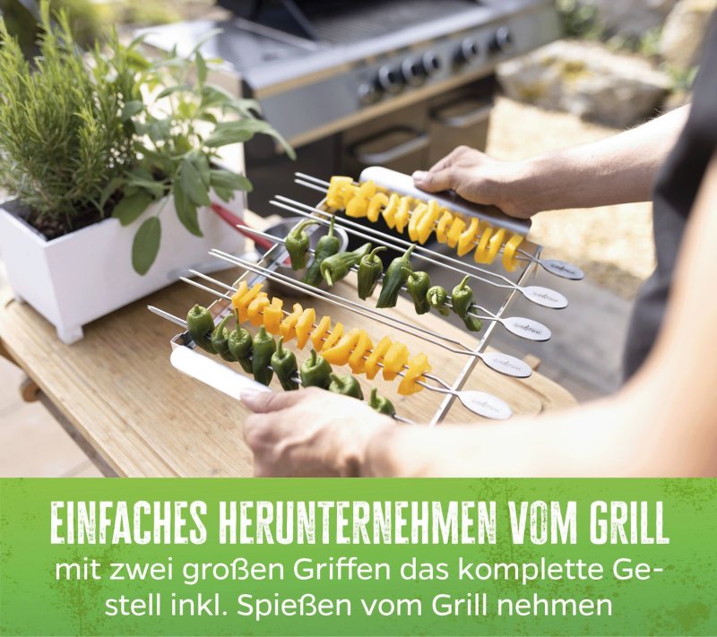 Grillfürst Edelstahl Spießhalter / Spießgestell mit 6 Doppelspießen