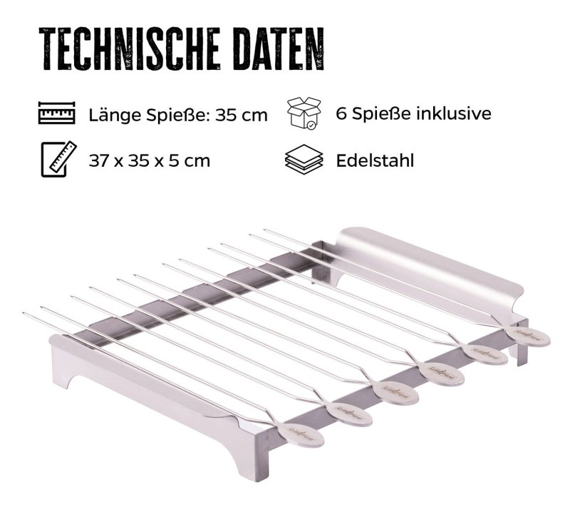 Grillfürst Edelstahl Spießhalter / Spießgestell mit 6 Doppelspießen