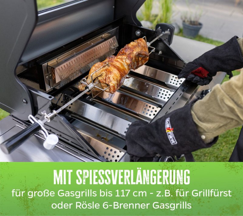 Grillfürst Universal Drehspieß / Rotisserie Set aus Edelstahl mit Motor für über 30 versch. Grillgeräte