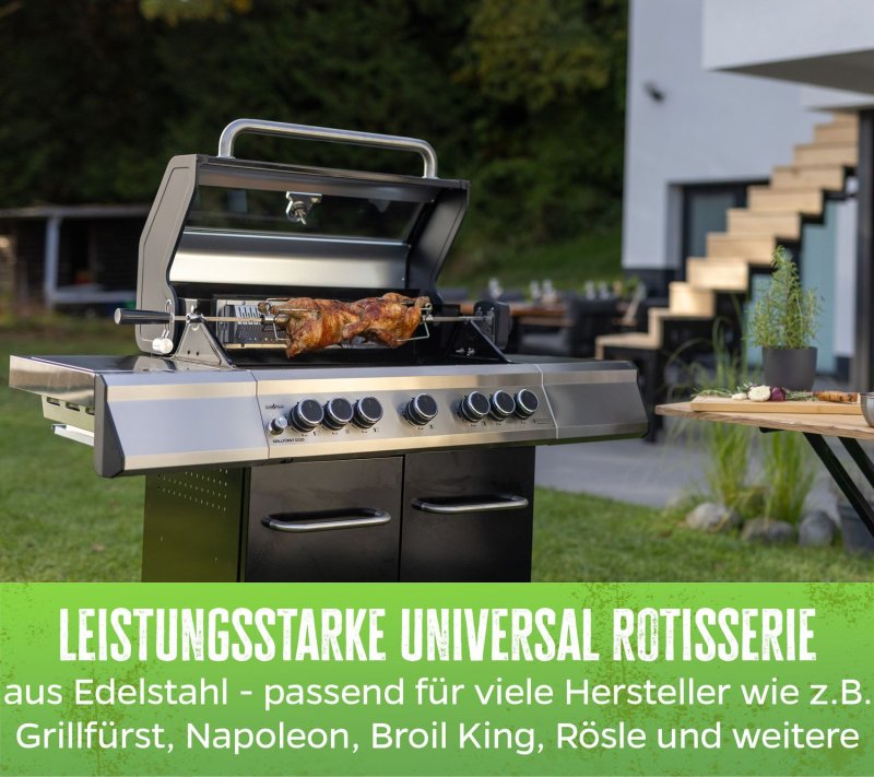 Grillfürst Universal Drehspieß / Rotisserie Set aus Edelstahl mit Motor für über 30 versch. Grillgeräte