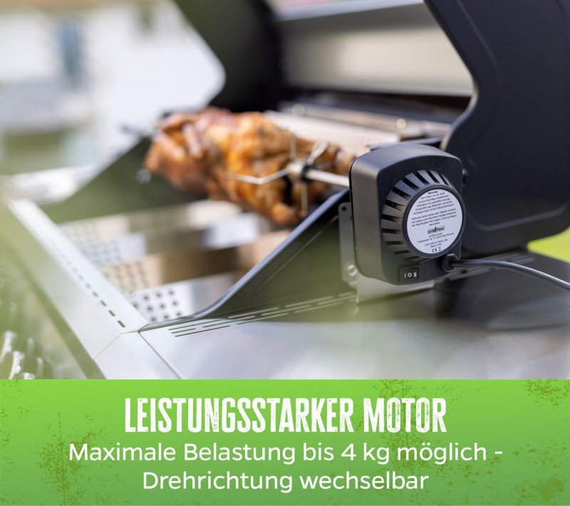 Grillfürst Universal Drehspieß / Rotisserie Set aus Edelstahl mit Motor für über 30 versch. Grillgeräte
