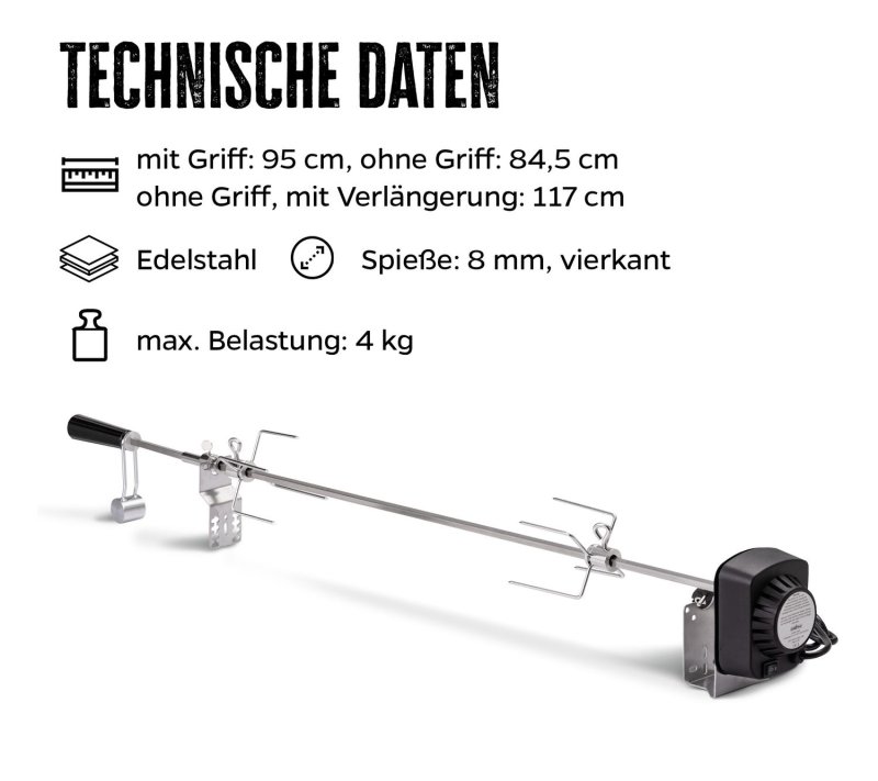 Grillfürst Universal Drehspieß / Rotisserie Set aus Edelstahl mit Motor für über 30 versch. Grillgeräte