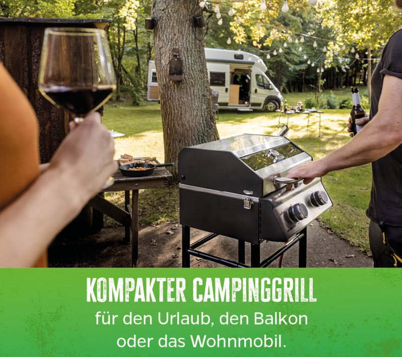 Grillfürst G201E 2-Brenner Gasgrill portabel v2 - Campinggrill / Balkongrill 50mbar - STARTERSET inkl. Grillplatte und Abdeckhaube