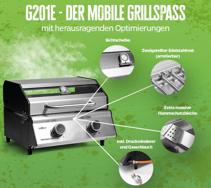 Grillfürst G201E 2-Brenner Gasgrill portabel v2 - Campinggrill / Balkongrill 50mbar