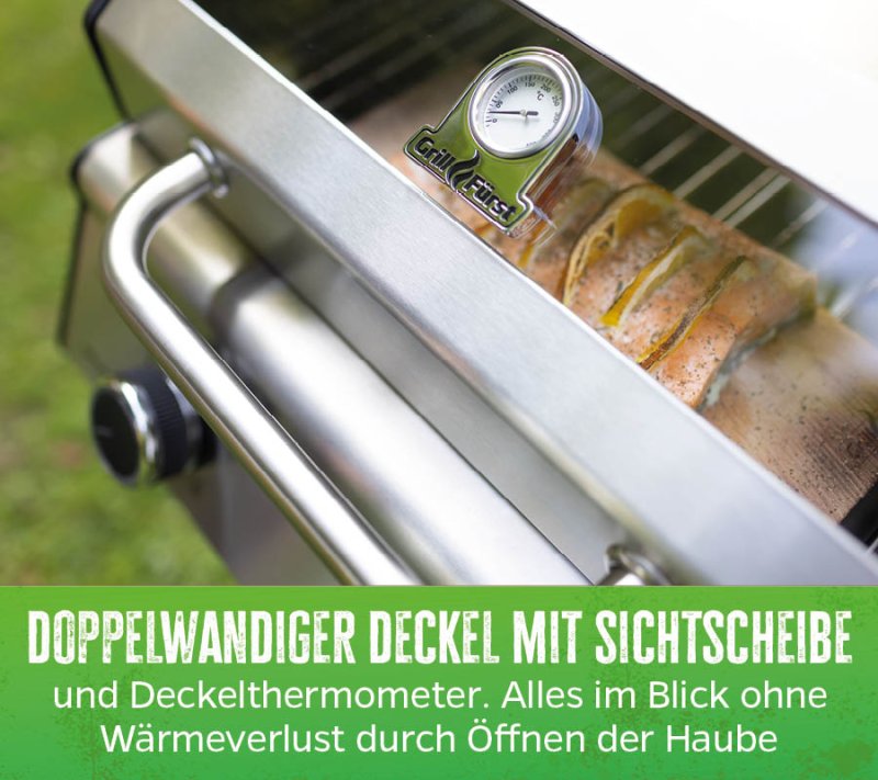 Grillfürst G201E 2-Brenner Gasgrill portabel v2 - Campinggrill / Balkongrill 50mbar - STARTERSET inkl. Grillplatte und Abdeckhaube