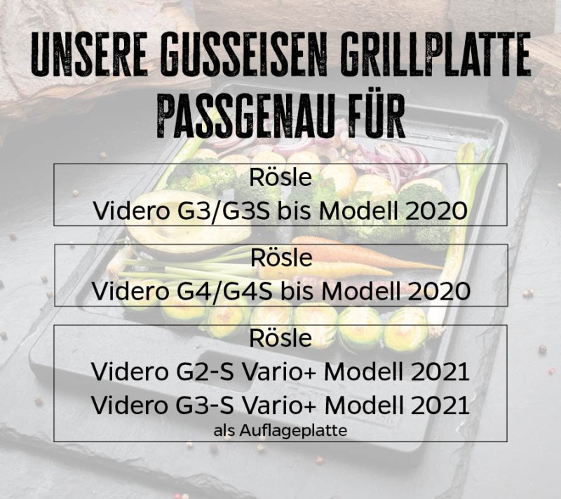 Grillfürst Grillplatte Gusseisen für Videro G3/G3-S und G4/G4-S bis Modell 2020, auch für G2-S Vario+ und G3-S Vario+ geeignet, 44,5 x 19,2 cm