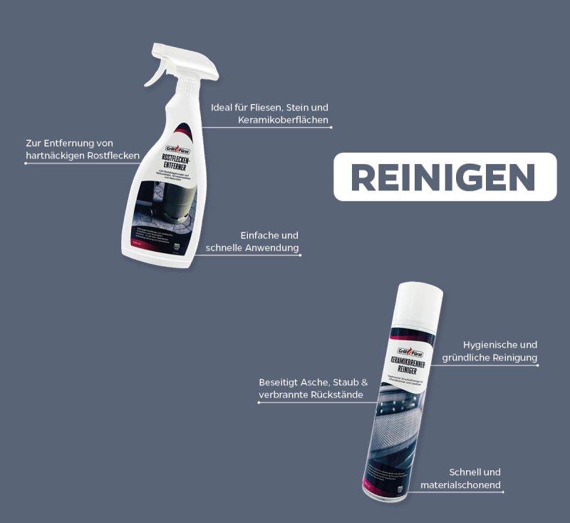 Grillfürst Grillreiniger-Set: Frühjahrsputz für Grill und Terrasse - mit Spezialreinigern für Härtefälle, Bodenflecken und Keramikbrenner