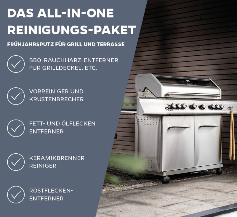 Grillfürst Grillreiniger-Set: Frühjahrsputz für Grill und Terrasse - mit Spezialreinigern für Härtefälle, Bodenflecken und Keramikbrenner