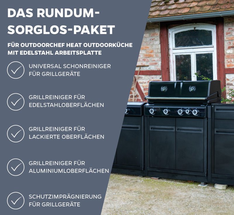 Grillfürst Grillreiniger-Set für Outdoorchef HEAT Outdoorküche mit Edelstahl Arbeitsplatte - Grillreiniger und Pflege Set