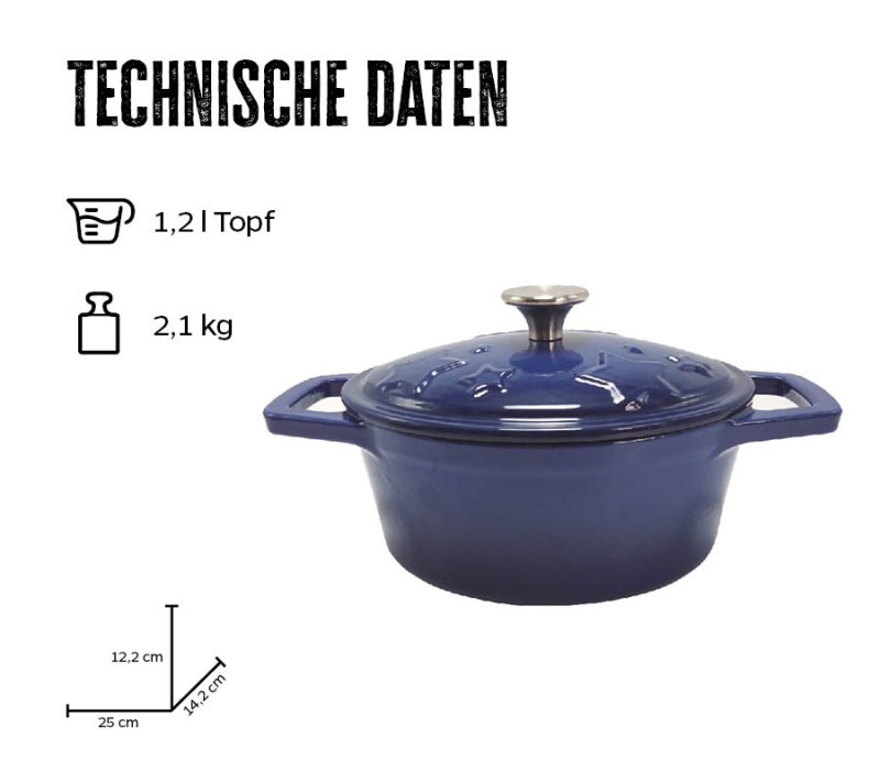 Grillfürst Dutch Oven Sternentöpfchen / Gusseisen Bräter - emailliert - S - blau