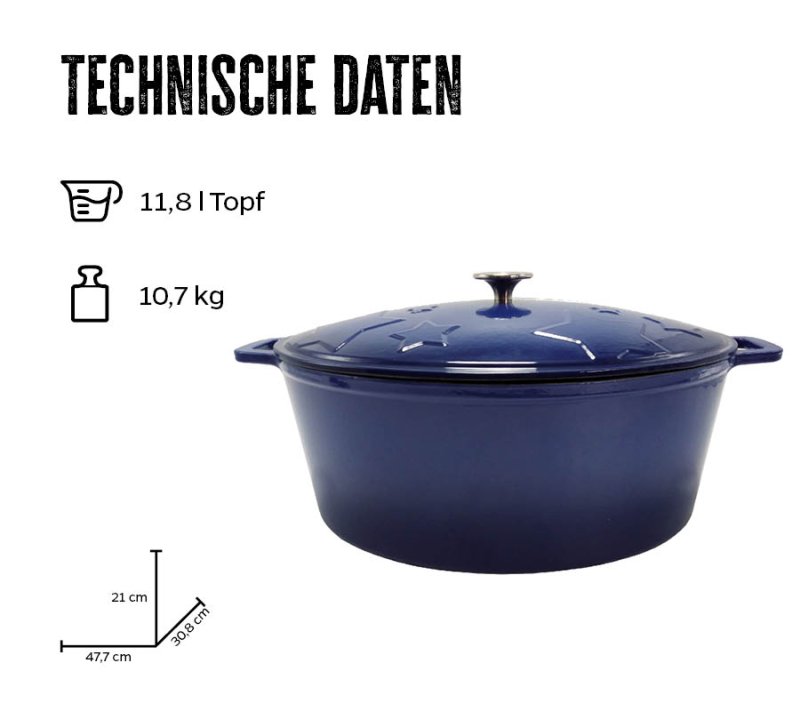 Grillfürst Dutch Oven Sternentöpfchen / Gusseisen Bräter - emailliert - XL - blau