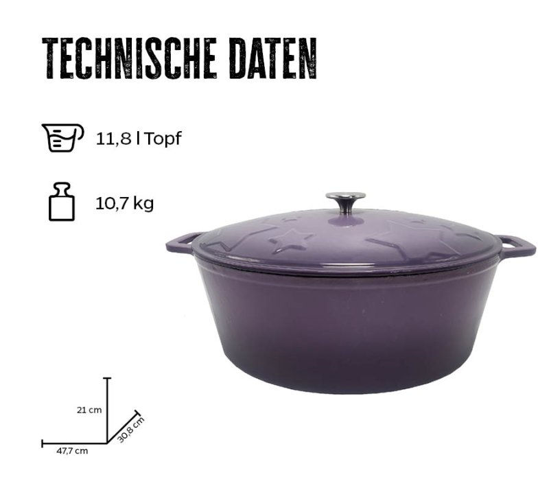 Grillfürst Dutch Oven Sternentöpfchen / Gusseisen Bräter - emailliert - XL - lila