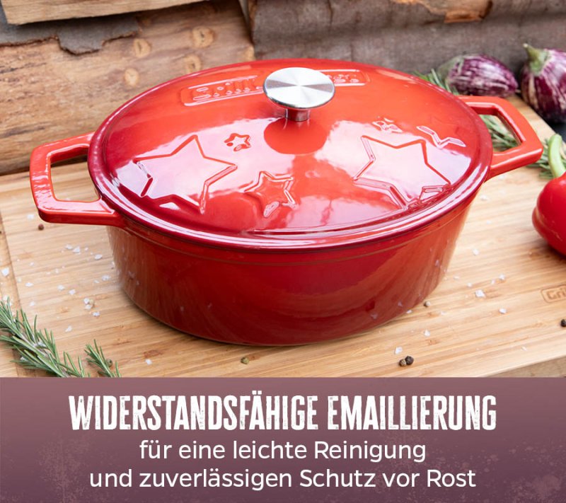 Grillfürst Dutch Oven Sternentöpfchen / Gusseisen Bräter - emailliert - XL - rot