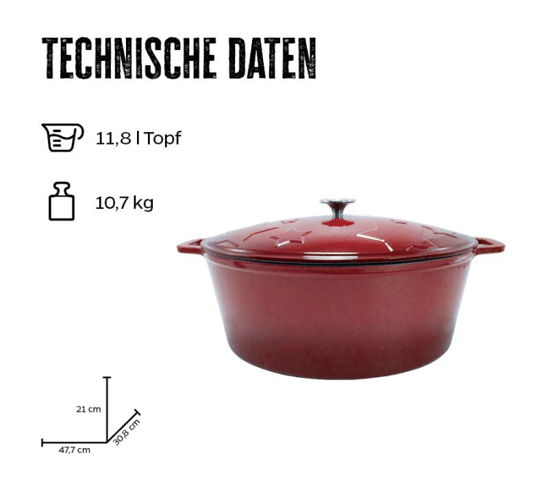 Grillfürst Dutch Oven Sternentöpfchen / Gusseisen Bräter - emailliert - XL - rot