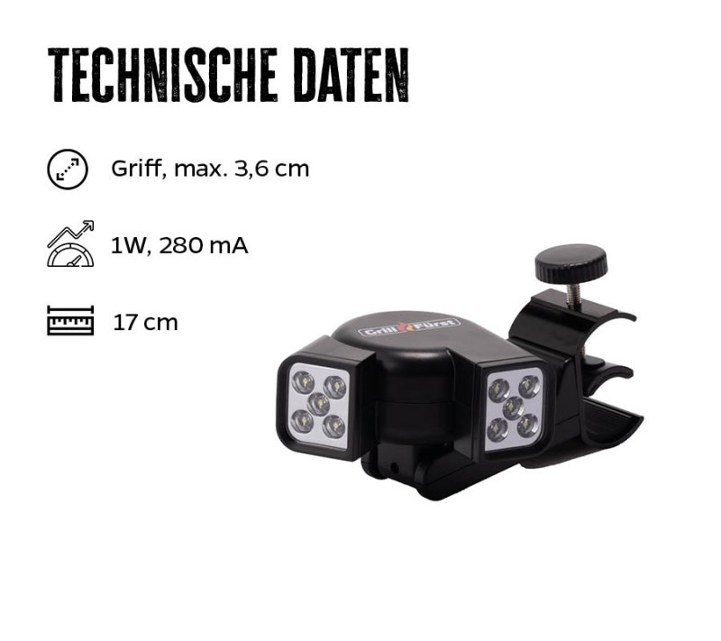 Grillfürst Universal LED Grilllampe / Grilllicht / Grifflicht - mit 2 schwenkbaren Leuchtköpfen
