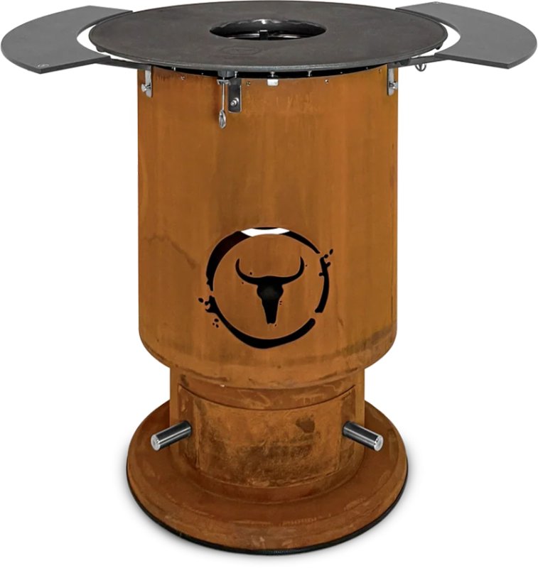 Moesta Bandit 2.0 FirePlace - Feuertonne aus Cortenstahl - mit BBQ Disk & 2 Ablagen oben grau