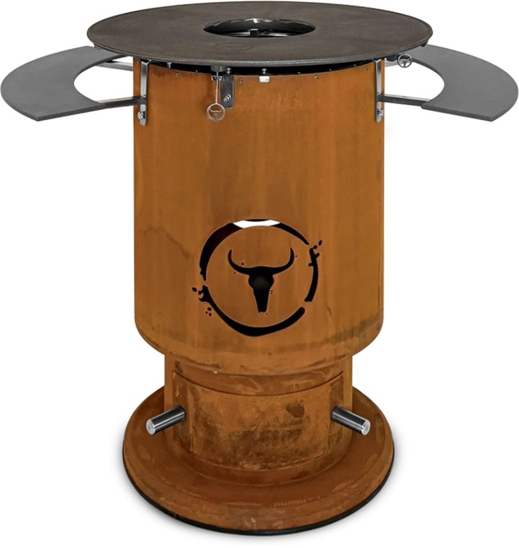 Moesta Bandit 2.0 FirePlace - Feuertonne aus Cortenstahl - mit BBQ Disk & 2 Ablagen unten grau