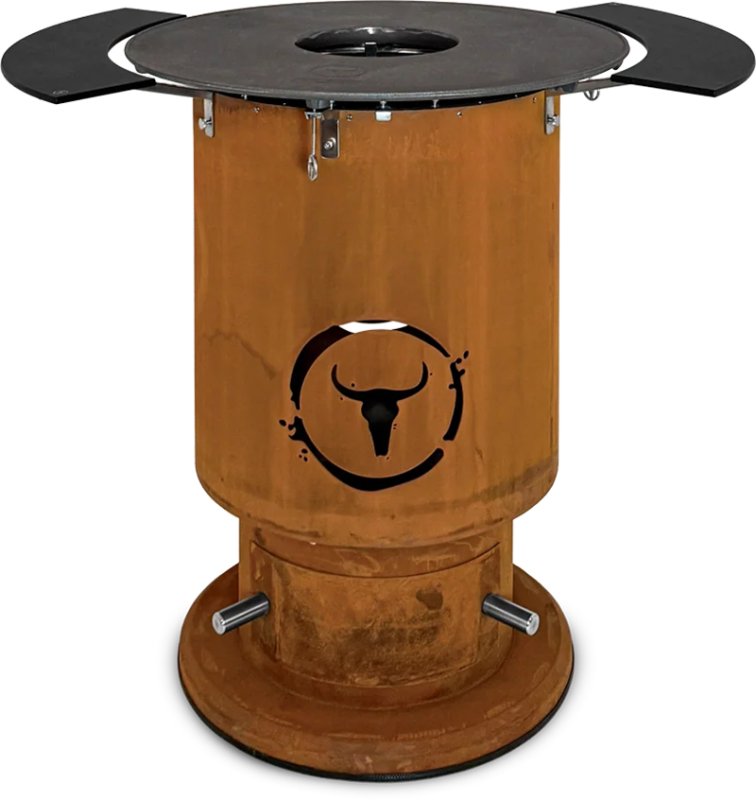 Moesta Bandit 2.0 FirePlace - Feuertonne aus Cortenstahl - mit BBQ Disk & 2 Ablagen oben schwarz