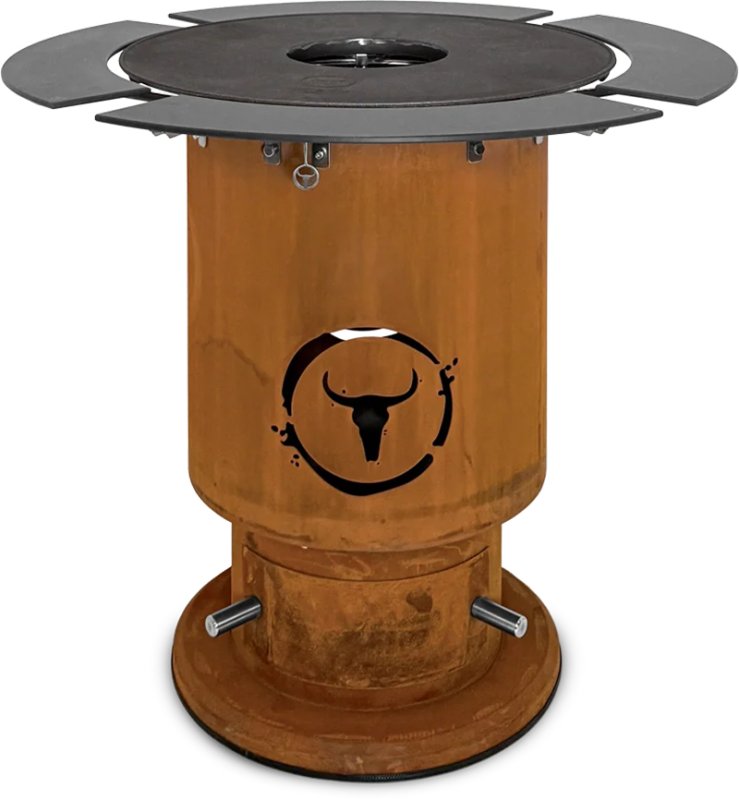 Moesta Bandit 2.0 FirePlace - Feuertonne aus Cortenstahl - mit BBQ Disk & 4 Ablagen oben grau