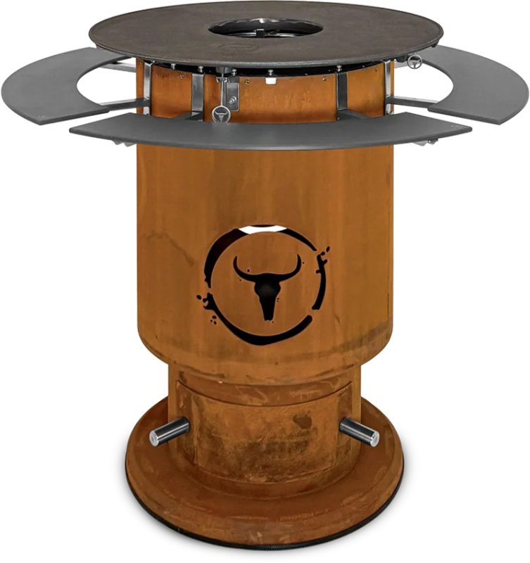 Moesta Bandit 2.0 FirePlace - Feuertonne aus Cortenstahl - mit BBQ Disk & 4 Ablagen unten grau