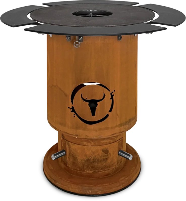 Moesta Bandit 2.0 FirePlace - Feuertonne aus Cortenstahl - mit BBQ Disk & 4 Ablagen oben schwarz
