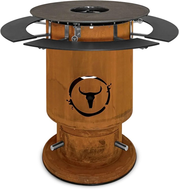 Moesta Bandit 2.0 FirePlace - Feuertonne aus Cortenstahl - mit BBQ Disk & 4 Ablagen unten schwarz