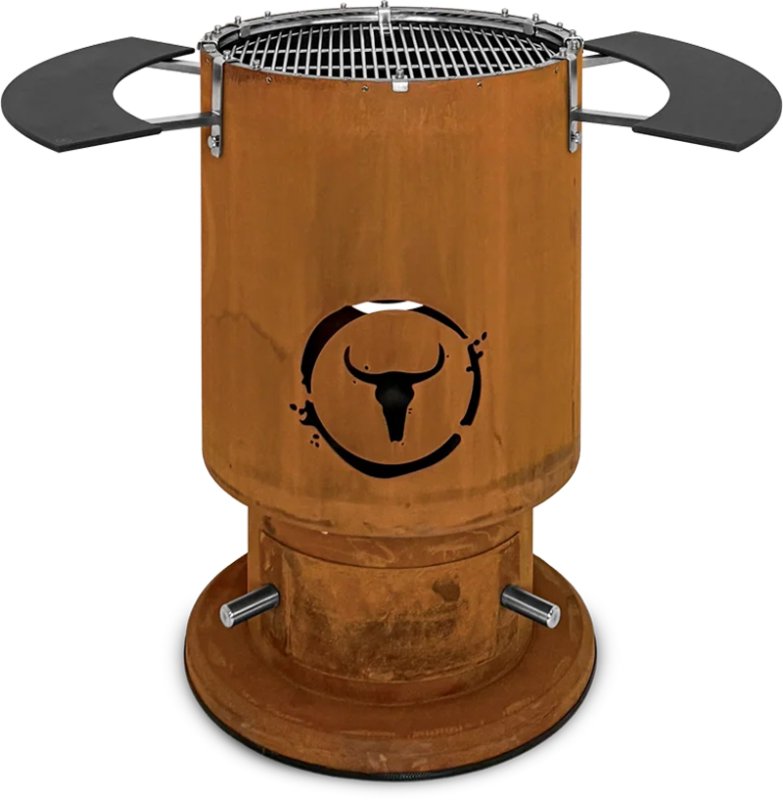Moesta Bandit 2.0 FirePlace - Feuertonne aus Cortenstahl - mit Grillrost & 2 Ablagen unten schwarz