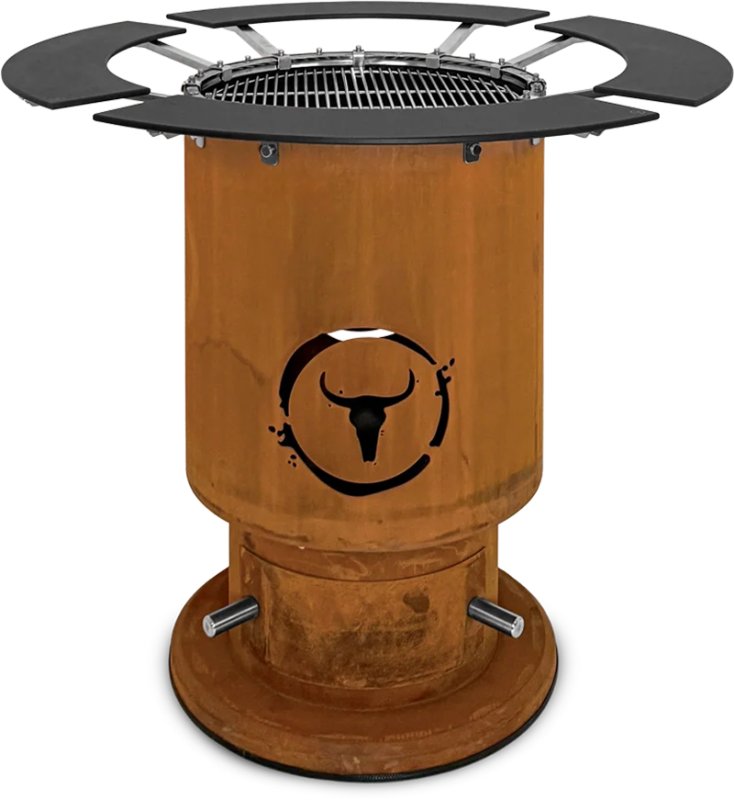 Moesta Bandit 2.0 FirePlace - Feuertonne aus Cortenstahl - mit Grillrost & 4 Ablagen oben schwarz