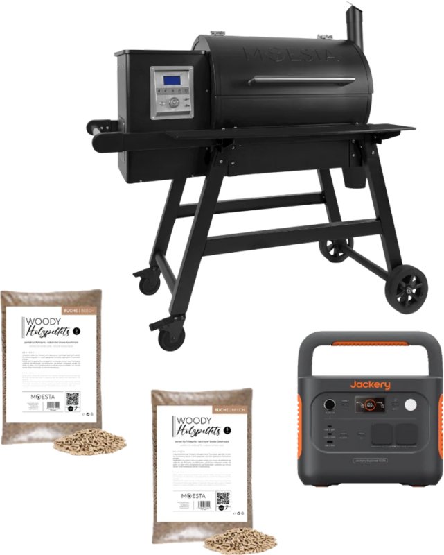 Moesta Pelletgrill Sheriff 2.0 - inkl. PaperBlank Ablagebrett schwarz, Jackery tragbare Powerstation Explorer 1000 & Pellets