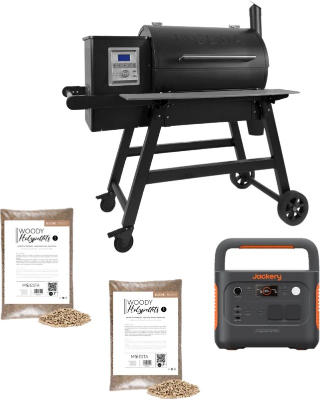 Moesta Pelletgrill Sheriff 2.0 - inkl. PaperBlank Ablagebrett grau, Jackery tragbare Powerstation Explorer 1000 & Pellets