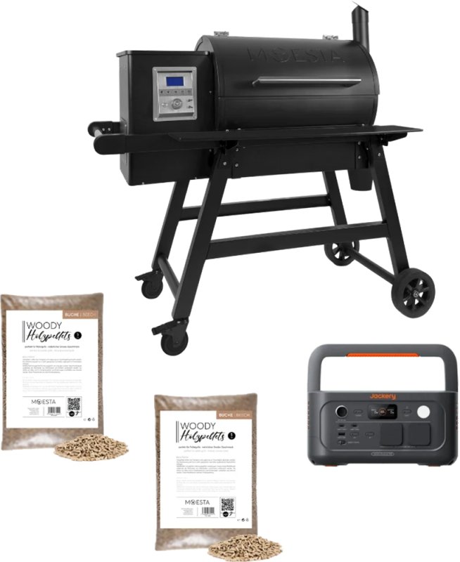 Moesta Pelletgrill Sheriff 2.0 - inkl. PaperBlank Ablagebrett schwarz, Jackery tragbare Powerstation Explorer 500 & Pellets