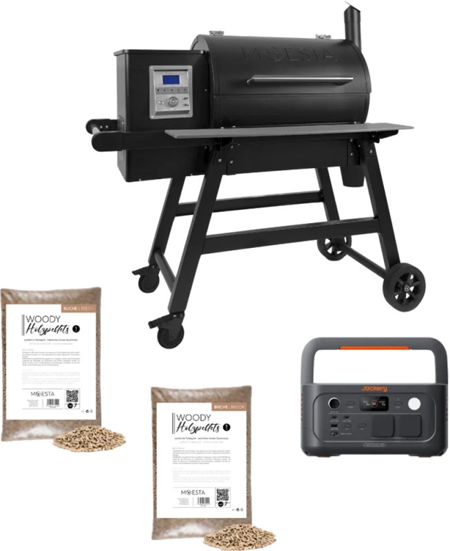 Moesta Pelletgrill Sheriff 2.0 - inkl. PaperBlank Ablagebrett grau, Jackery tragbare Powerstation Explorer 500 & Pellets