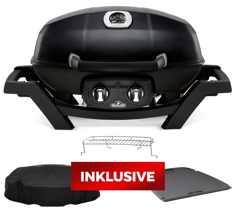 Napoleon TravelQ PRO285 Kompakt Gasgrill Schwarz - 50 Jahre Napoleon - Set inkl. Haube, Grillplatte und Warmhalterost