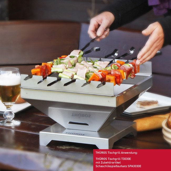 Thüros Schaschlik Spießaufsatz mit 6 Spießen für T1, Tischgrill, Minicater (Grillfläche 30x30 cm)