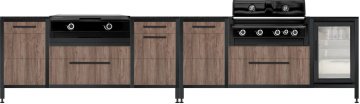 BURN Outdoorkitchen: 2 x BURN BBQ Block mit Outdoorchef HEAT X-415, X-245 Blazing-/Cooking Zone und Caso BBQ Cooler Kühlschrank (60er, Dark Oak/Sirius)