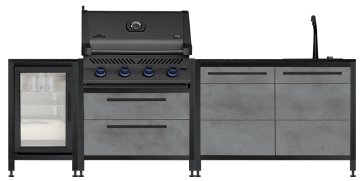 BURN Outdoorkitchen: BURN BBQ Outdoor Küche mit Napoleon Sondermodell Prestige 500 Shadow, Kühlschrank und Spüle
