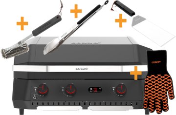 COZZE G-800 COMBO - Plancha Grill mit Grillrost - Starterset mit COZZE Grillbesteck: Grillzange, Grillwender, Grillbürste und Grillhandschuhe