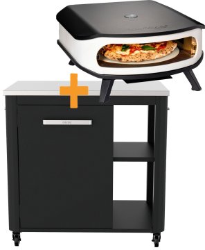 COZZE Pizzastation mit Gas Pizzaofen 42,5 cm (17&quot;) mit Thermometer &amp; rotierendem Pizzastein - inkl. Hitzeschild und Schrankmodul 90 cm