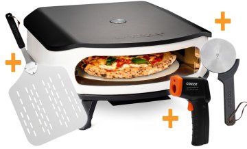 COZZE Pizzaofen Gas 42,5 cm (17&quot;) - mit rotierendem Pizzastein - inkl. Hitzeschild + Starter Kit: Pizzaschieber, Pizzaschneider und Infrarot Thermometer