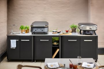 COZZE Outdoor Küche mit Spüle / 300 x 60 x 90 cm - inkl. COZZE E-500 Elektrogrill + Elektro Pizzaofen 42,5 (17&quot;) mit rotierendem Pizzastein