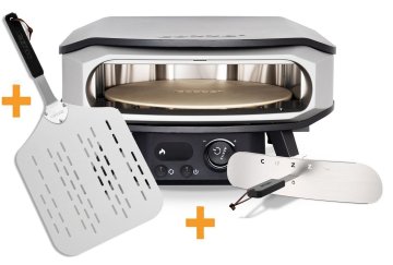 COZZE Pizzaofen elektrisch PREMIUM 42,5 cm (17") mit drehbarem Pizzastein &amp; Digital-Thermometer - inkl. Hitzeschild + Pizzaschieber