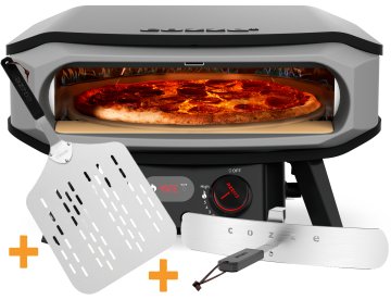 COZZE Pizzaofen Gas PREMIUM 42,5 cm (17") mit drehbarem Pizzastein &amp; Digital-Thermometer - inkl. Hitzeschild + Pizzaschieber