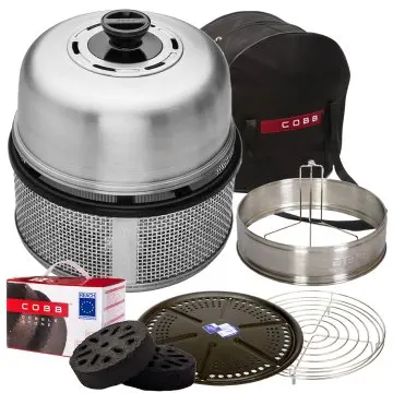 Cobb Grill Premier AIR Deluxe Holzkohlegrill - inkl. Tragetasche, Grillplatte, Bratenrost, Garraumerweiterung mit Hähnchenhalter, 1x Cobble Stones 6er