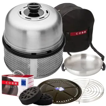 Cobb Grill Premier AIR Deluxe Holzkohlegrill - inkl. Tragetasche, Grillplatte, Bratenrost, Wok, 1x Cobble Stones 6er