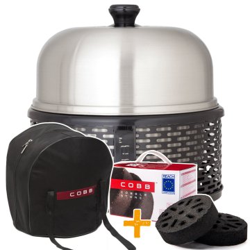 Cobb Grill Pro Black Holzkohlegrill - inkl. Grillplatte gelocht, Tragetasche &amp; Cobble Stones (6 Stück)