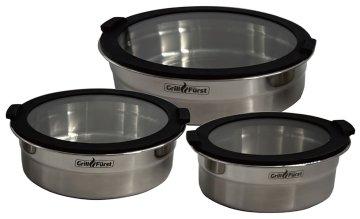 Grillfürst BBQ 3er Edelstahlschüssel Set mit Glasdeckel - flacher Boden