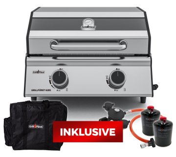 Grillfürst G201E 2-Brenner Gasgrill / Campinggrill / Balkongrill 50mbar - CAMPING SET BASIC - inkl. Tragetasche, Kartuschen-Druckregler und 2 Gaskartuschen