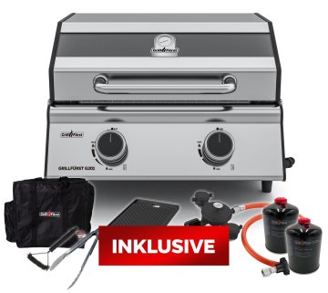 Grillfürst G201E 2-Brenner Gasgrill / Campinggrill / Balkongrill 50mbar - CAMPING SET ALL INCLUSIVE - inkl. Tragetasche, Kartuschen-Druckregler, 2 Gaskartuschen, Gussplatte, Grillzange und Grillbürste