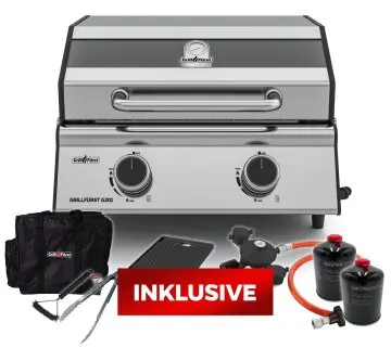 Grillfürst G201E 2-Brenner Gasgrill / Campinggrill / Balkongrill 50mbar - CAMPING SET ALL INCLUSIVE - inkl. Tragetasche, Kartuschen-Druckregler, 2 Gaskartuschen, Gussplatte, Grillzange und Grillbürste