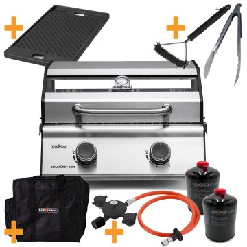 Grillfürst G201E 2-Brenner Gasgrill / Campinggrill / Balkongrill 50mbar - CAMPING SET ALL INCLUSIVE - inkl. Tragetasche, Kartuschen-Druckregler, 2 Gaskartuschen, Gussplatte, Grillzange und Grillbürste
